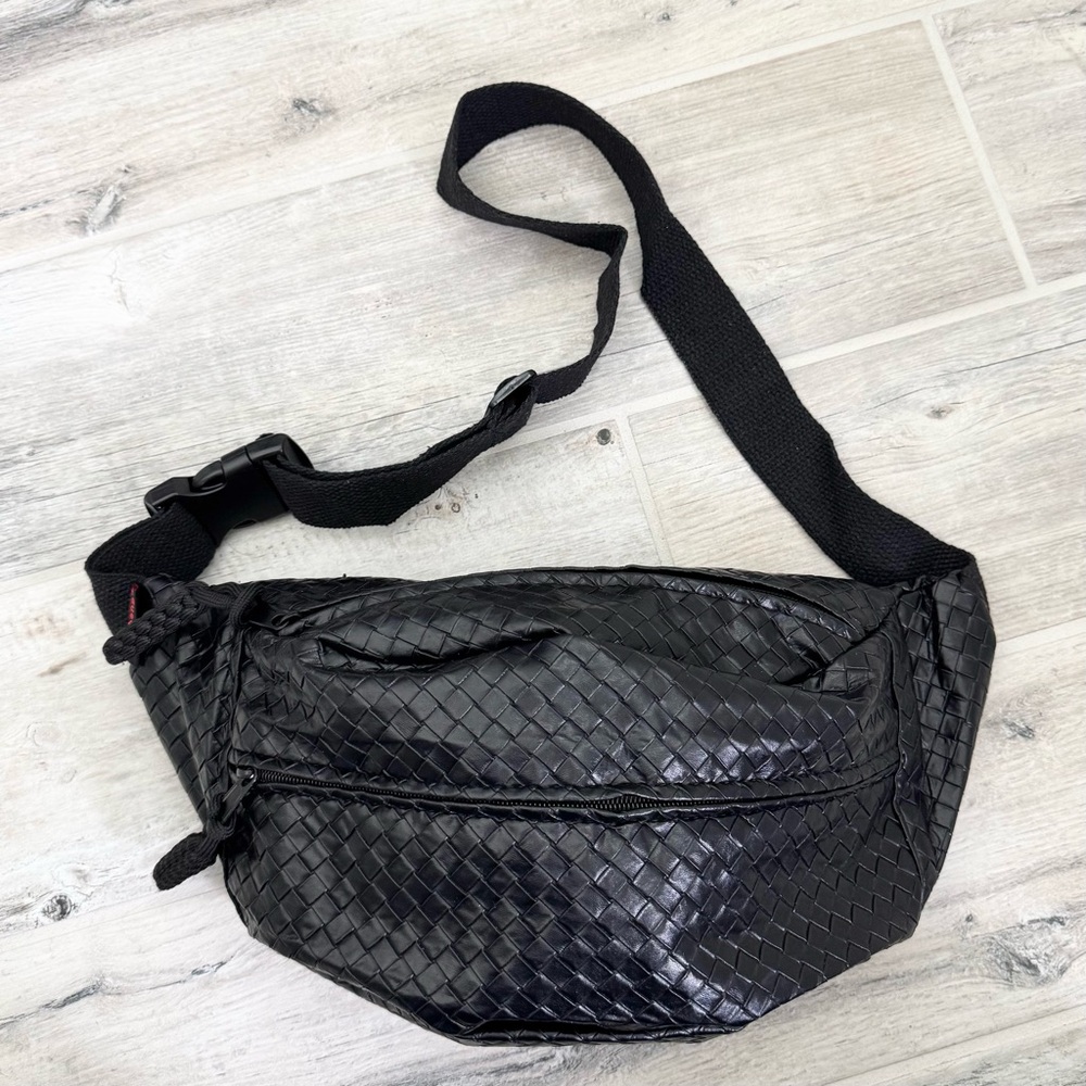 Woven Large Black Unisex Fanny Pack Waist Crossbody Sling Bag